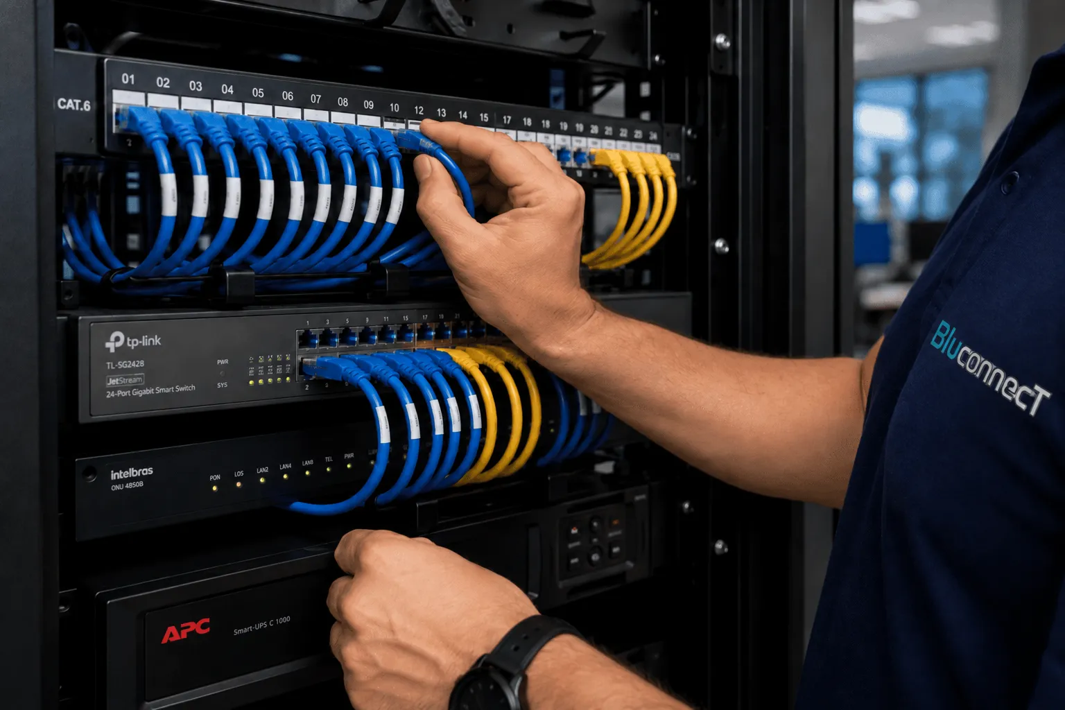 Técnico com uniforme BluconnecT conectando cabos em um rack de rede.